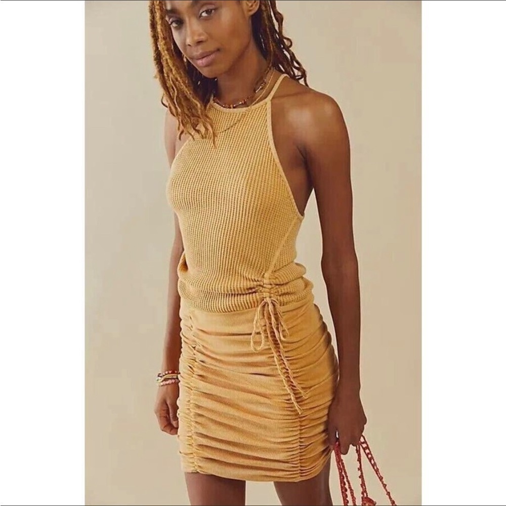 NWOT Free People One Katya Golden Yellow Thermal Ruched Mini Dress